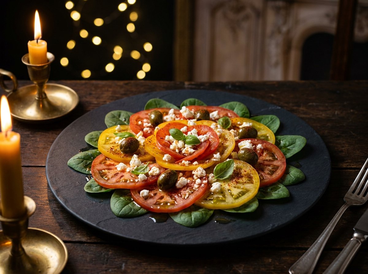 Tomaten-Carpaccio auf Babyspinat mit bulgarischem Weichkäse
