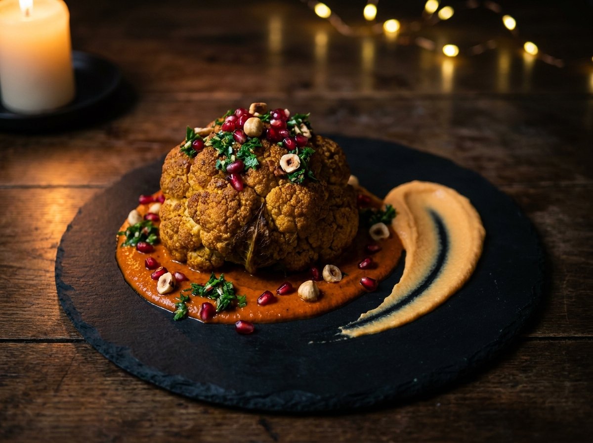 Im Ganzen gerösteter Blumenkohl mit Granatapfel und Haselnüssen