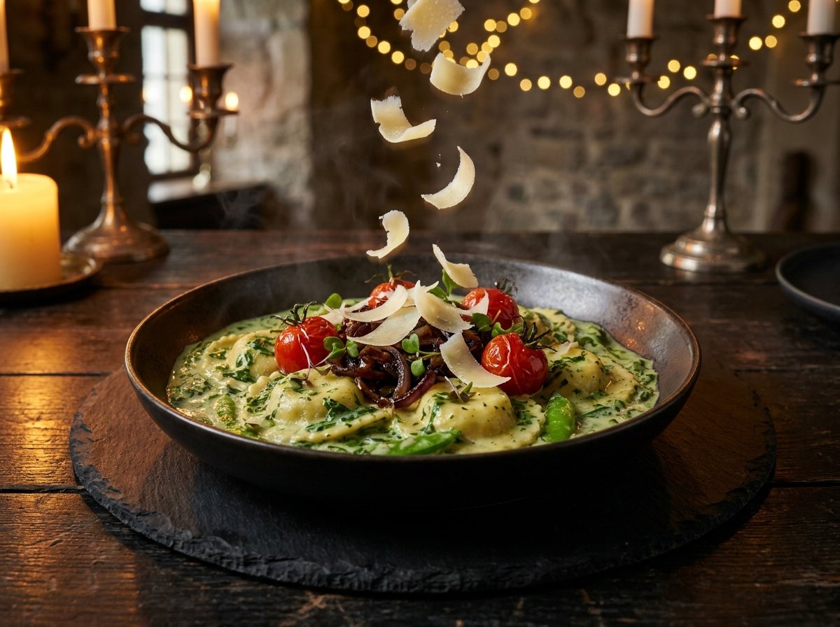 Ravioli de Patate in Zuckerschoten-Spinatrahm